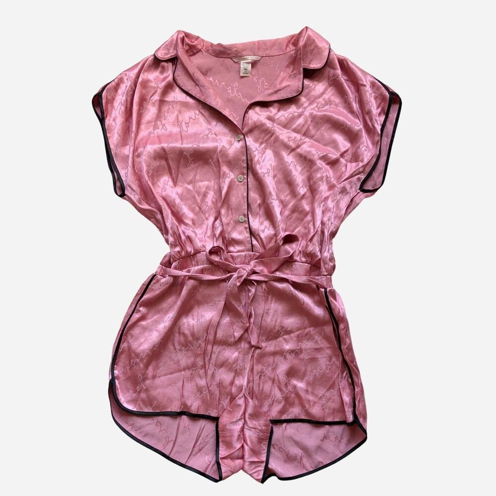 Y2K Victorias Secret Iconic Pink Satin Sleep Romper with Tie Waist